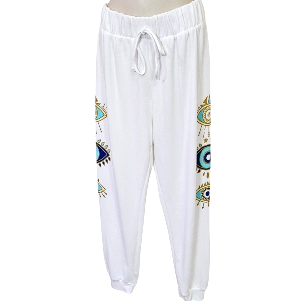 HABIT Eyes On You White Abstract Eye Print Jogger,Large, NWT